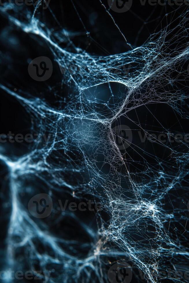 Intricate blue spider web with dark background abstract macro photography photo