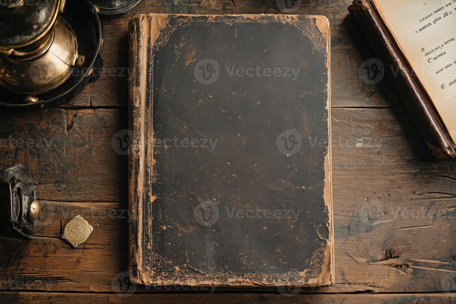 Antique blank book on rustic wooden table surrounded by vintage items photo
