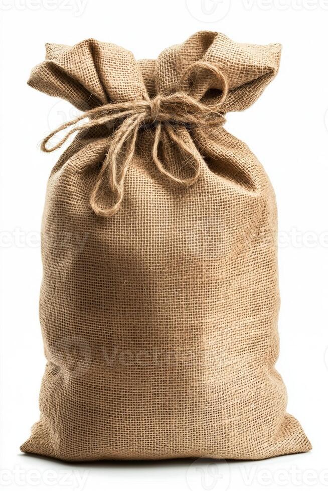 Brown burlap sack tied with rope, reusable, eco-friendly storage solution for various items photo