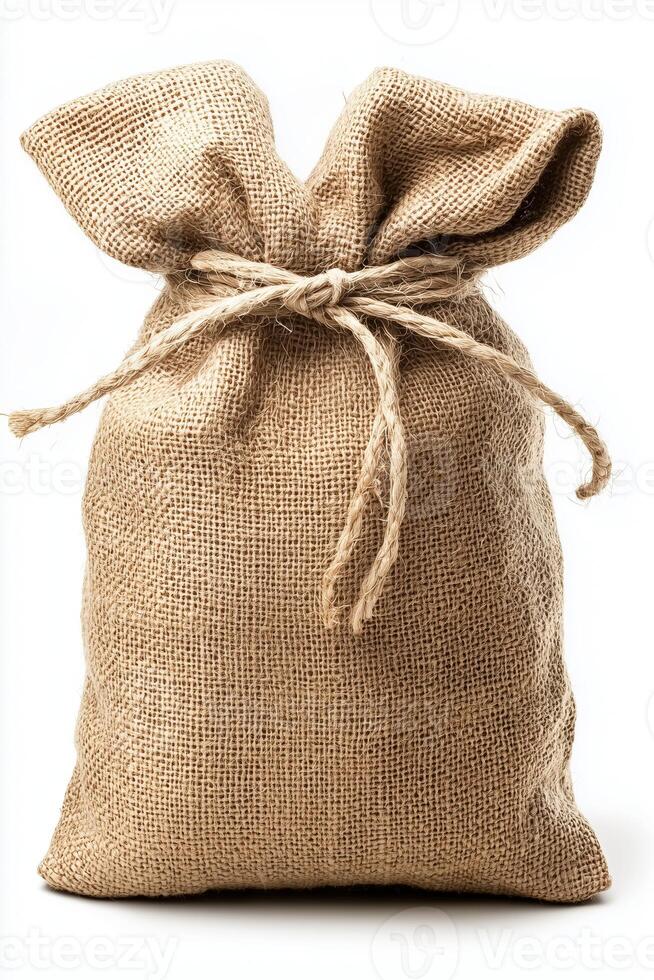 Hessian burlap sack with tied rope, ideal for storage and decorative purposes photo