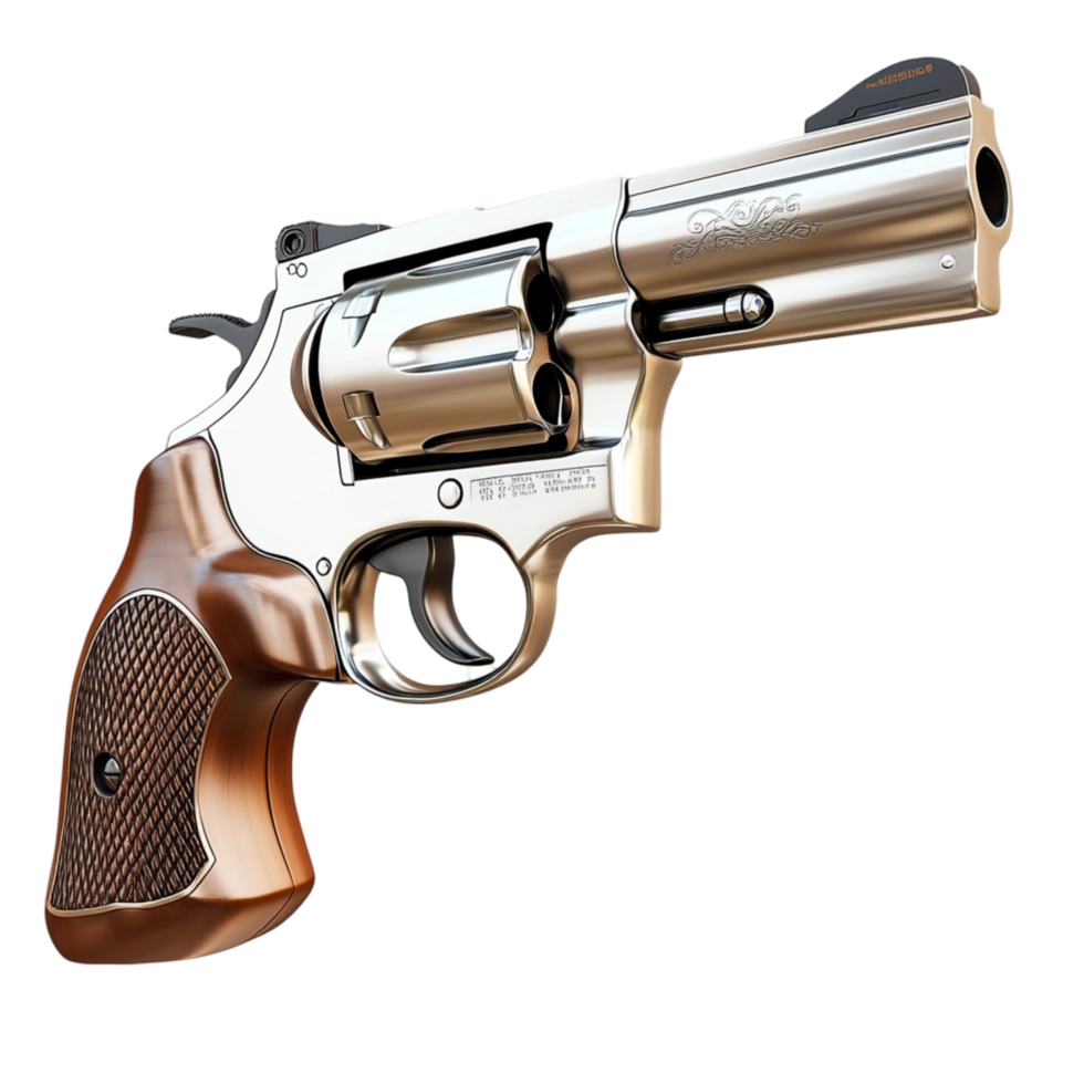 Shiny silver revolver with a wooden grip handle png