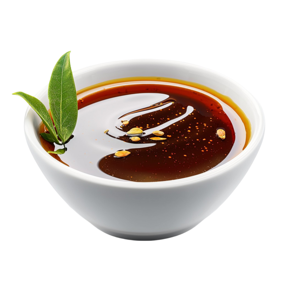 White ceramic bowl filled with rk soy sauce garnished with a green tea leaf png