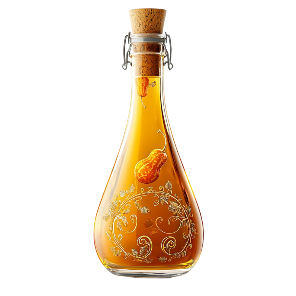 glass bottle filled with golden honey and tiny floral engravings png