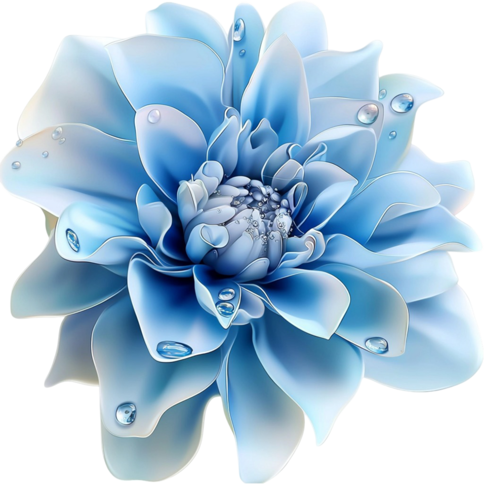 Stunning blue hlia flower with delicate petals covered in tiny water droplets png