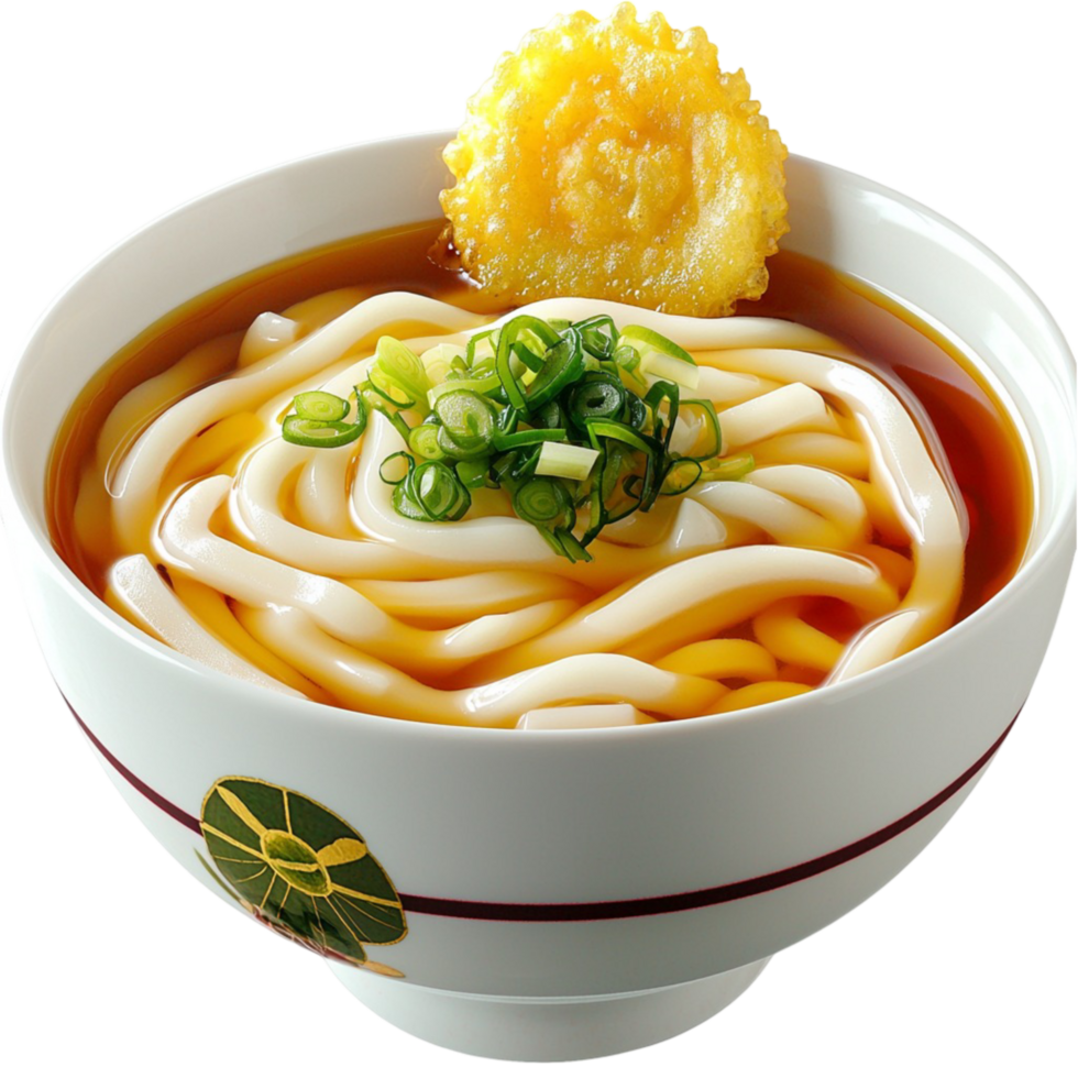 Steaming bowl of udon noodles with tempura topping png