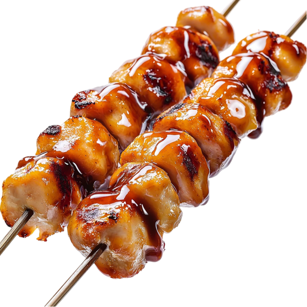 Grilled chicken skewers coated in a  glaze png