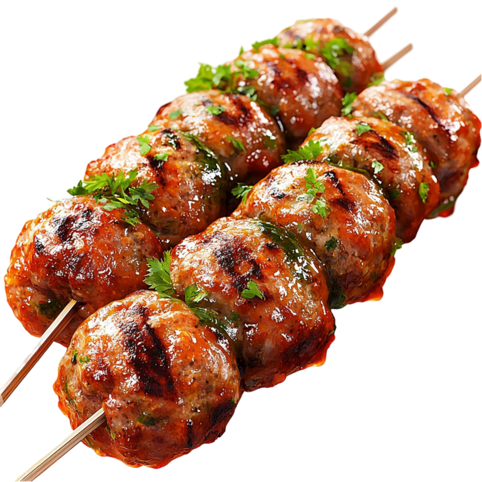 Skewers of spicy meatballs garnished with herbs png