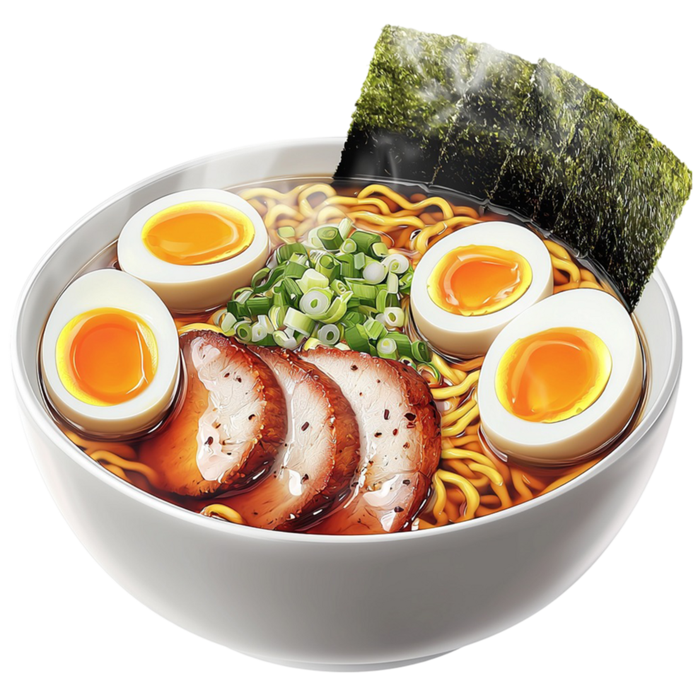 Bowl of ramen with boiled eggs and sliced pork png