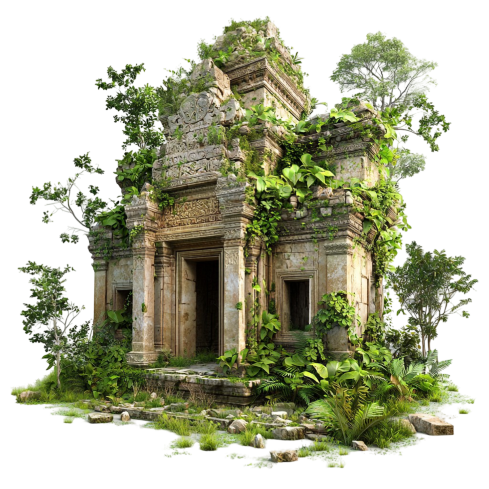 Ancient temple covered in lush green vines png