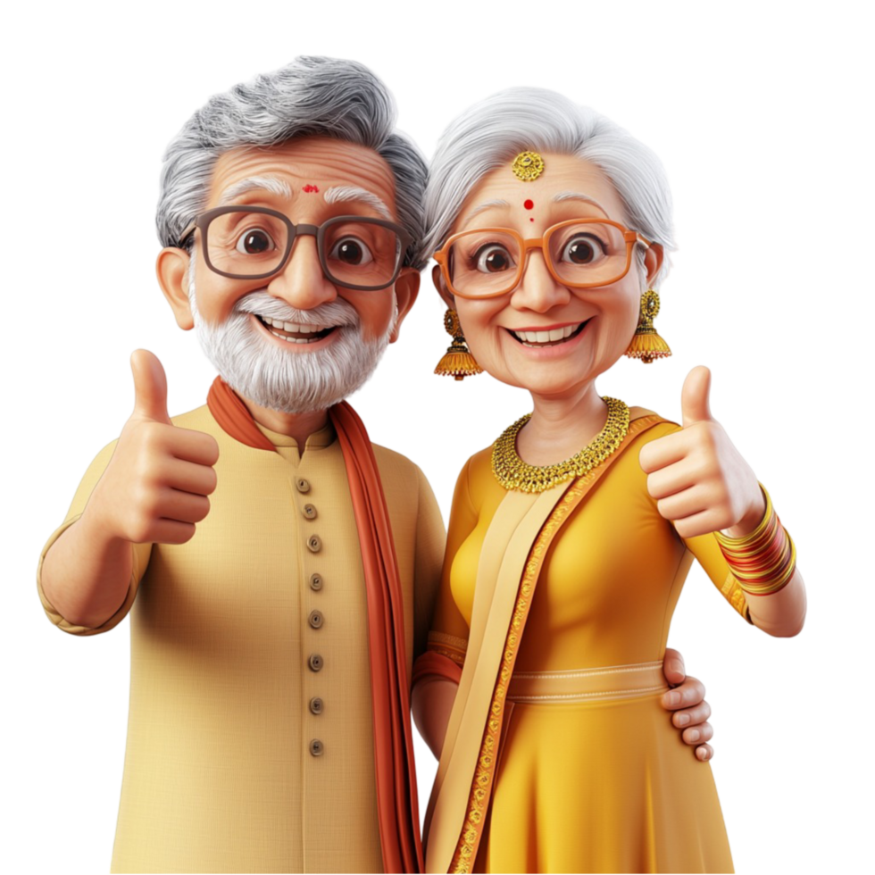 Elderly couple dressed in traditional attire smiling warmly with happiness png