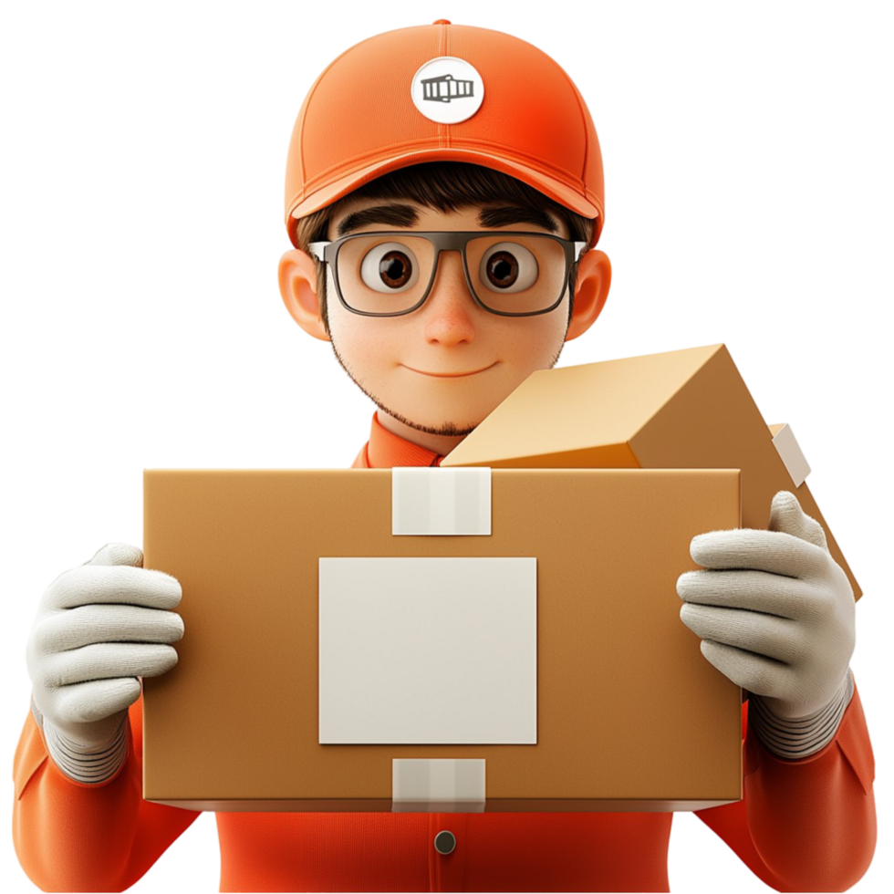 Friendly delivery worker holding a neatly packed cardboard box with care png