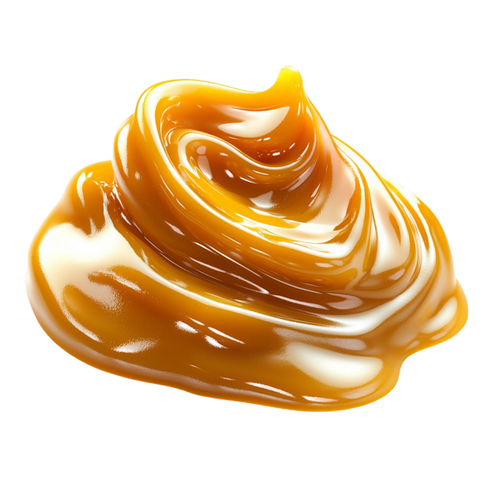 Thick swirl of golden caramel sauce with a glossy texture png