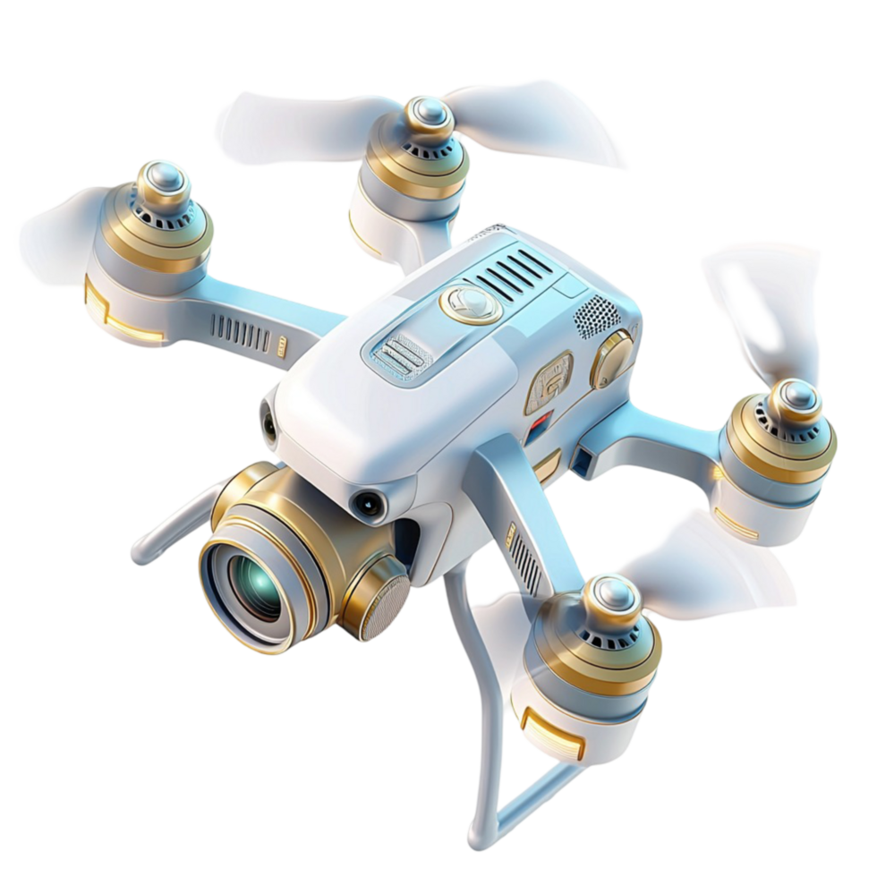 Advanced quadcopter drone with sleek white and blue design and high tech camera png