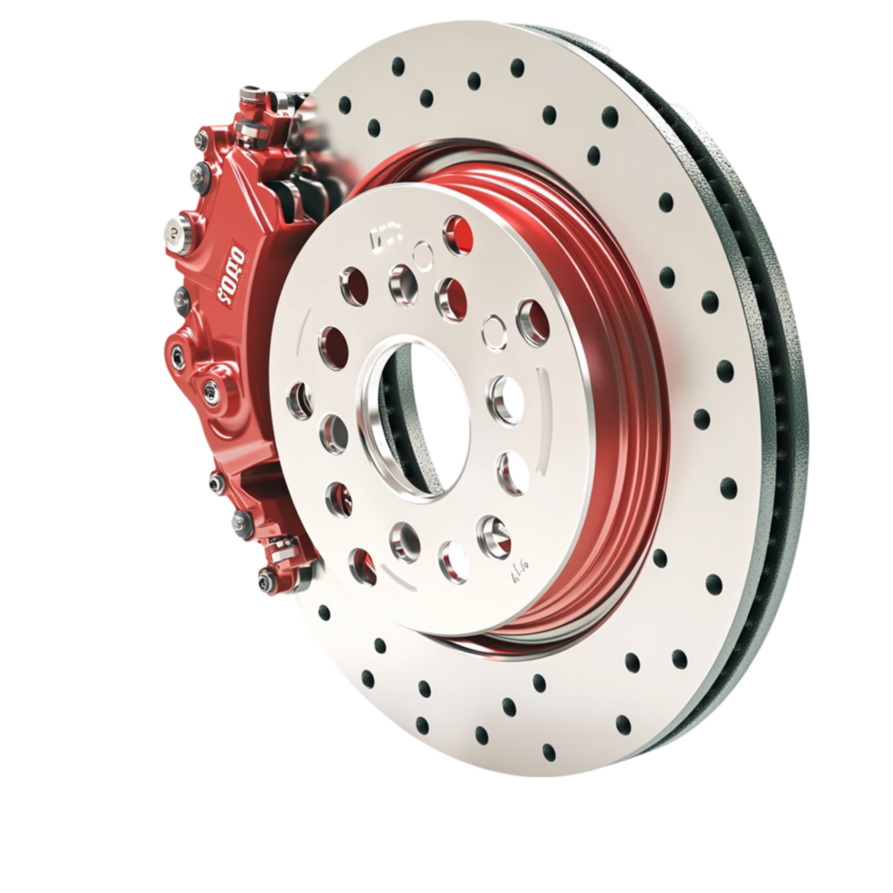 High performance drilled brake disc with a red caliper for powerful cars png