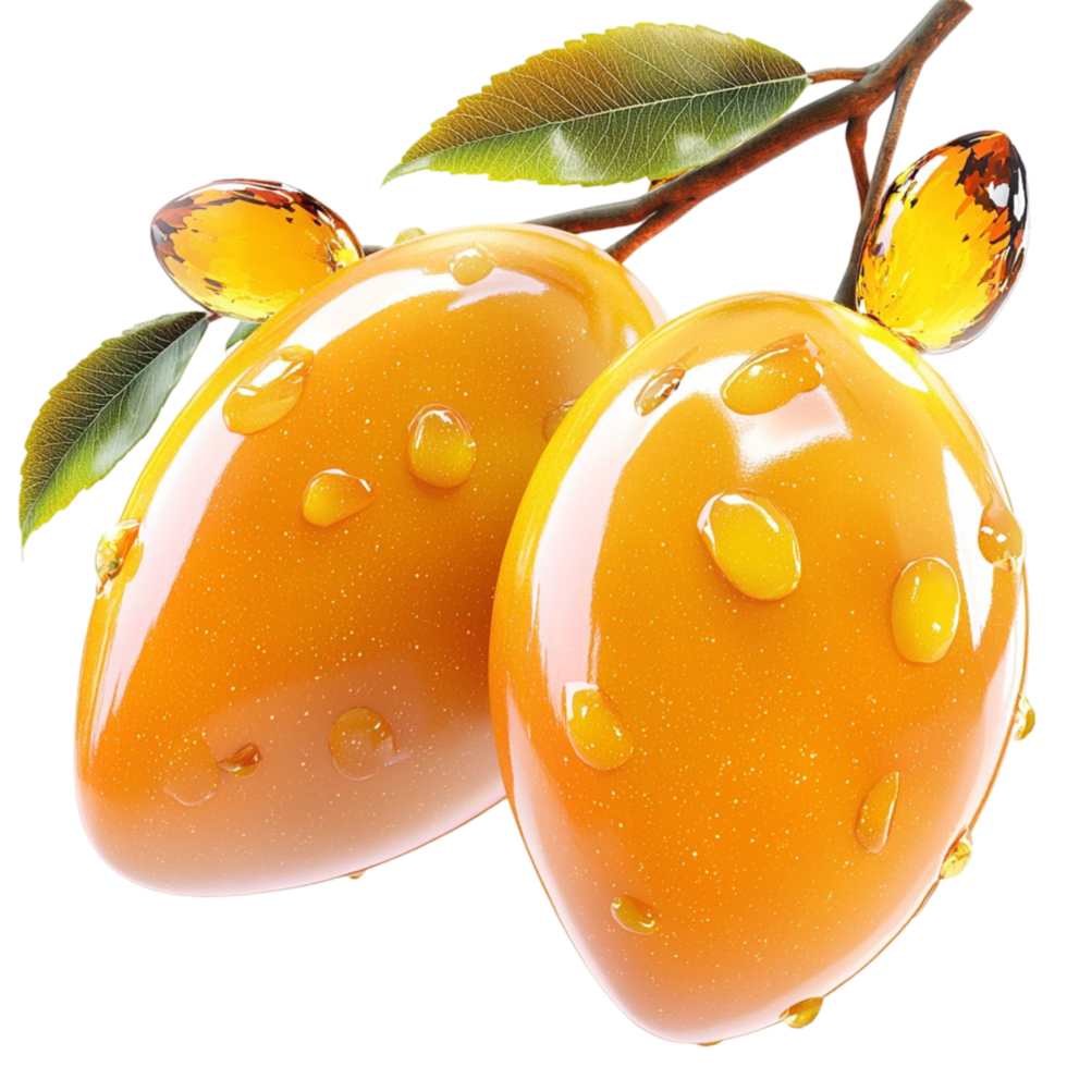 golden loquats covered in water droplets hanging from a branch png