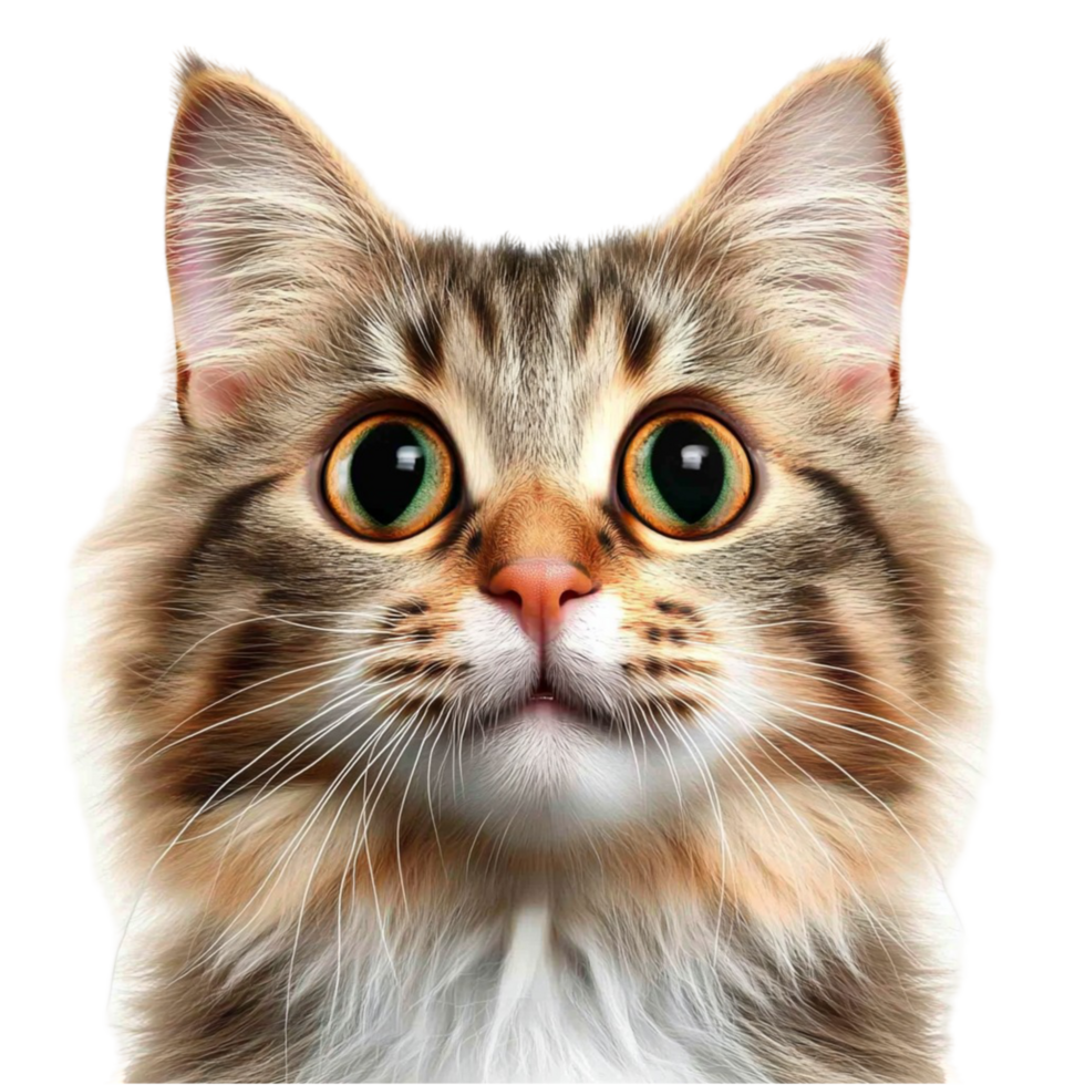 Fluffy tabby cat with striking green eyes and long whiskers png