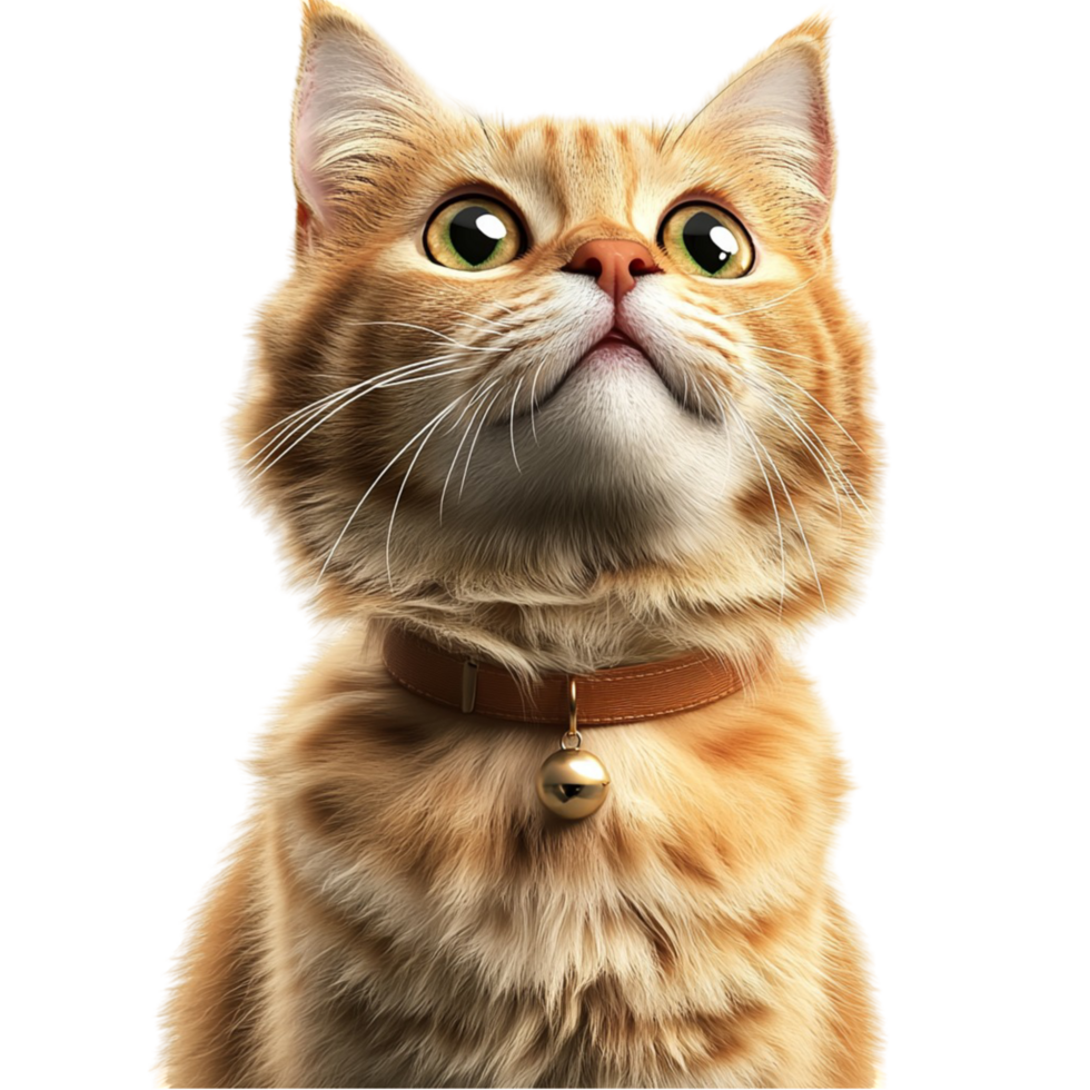 Cute fluffy orange cat wearing a collar and gazing upward with curiosity png