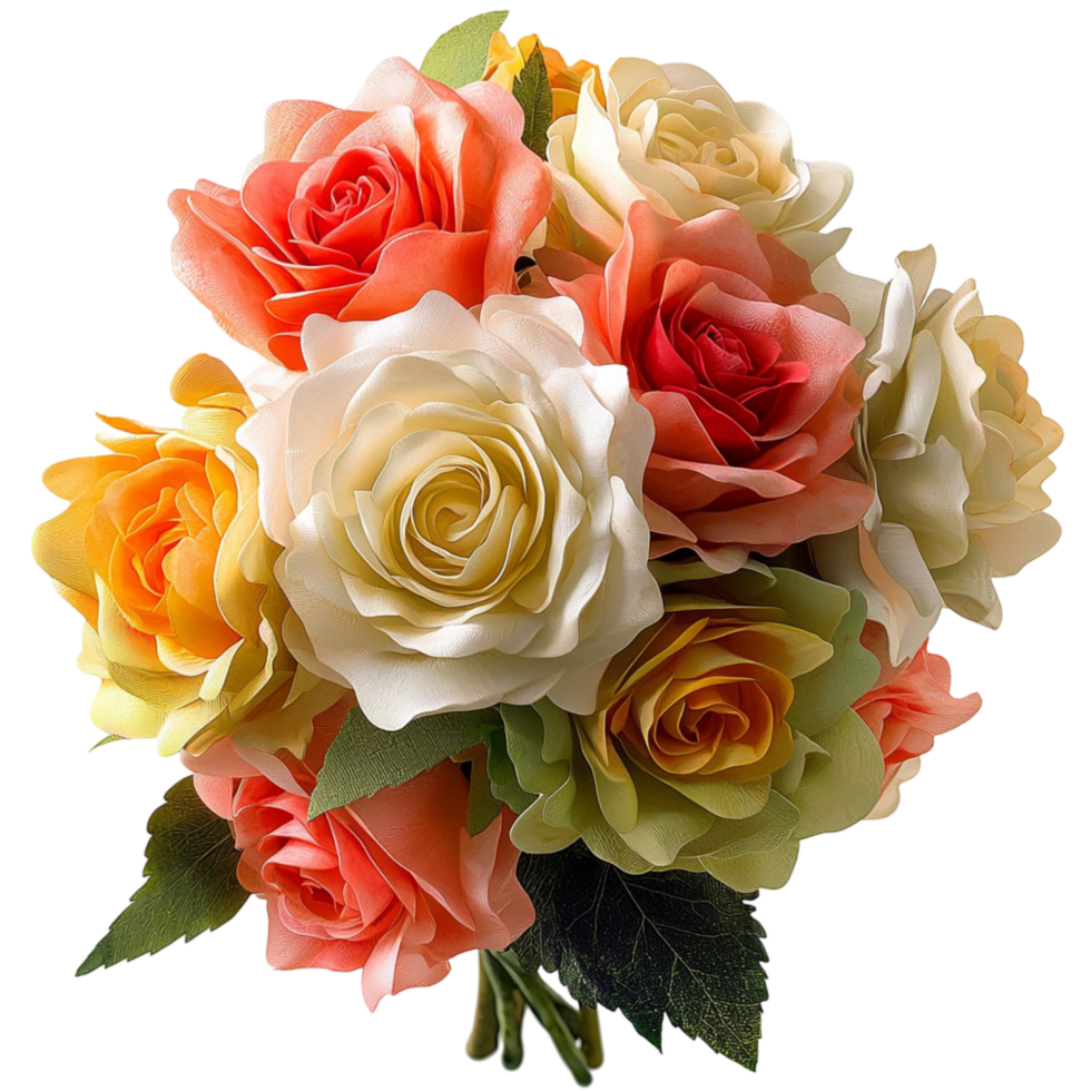 Beautiful bouquet of roses in shades of white orange and pink png