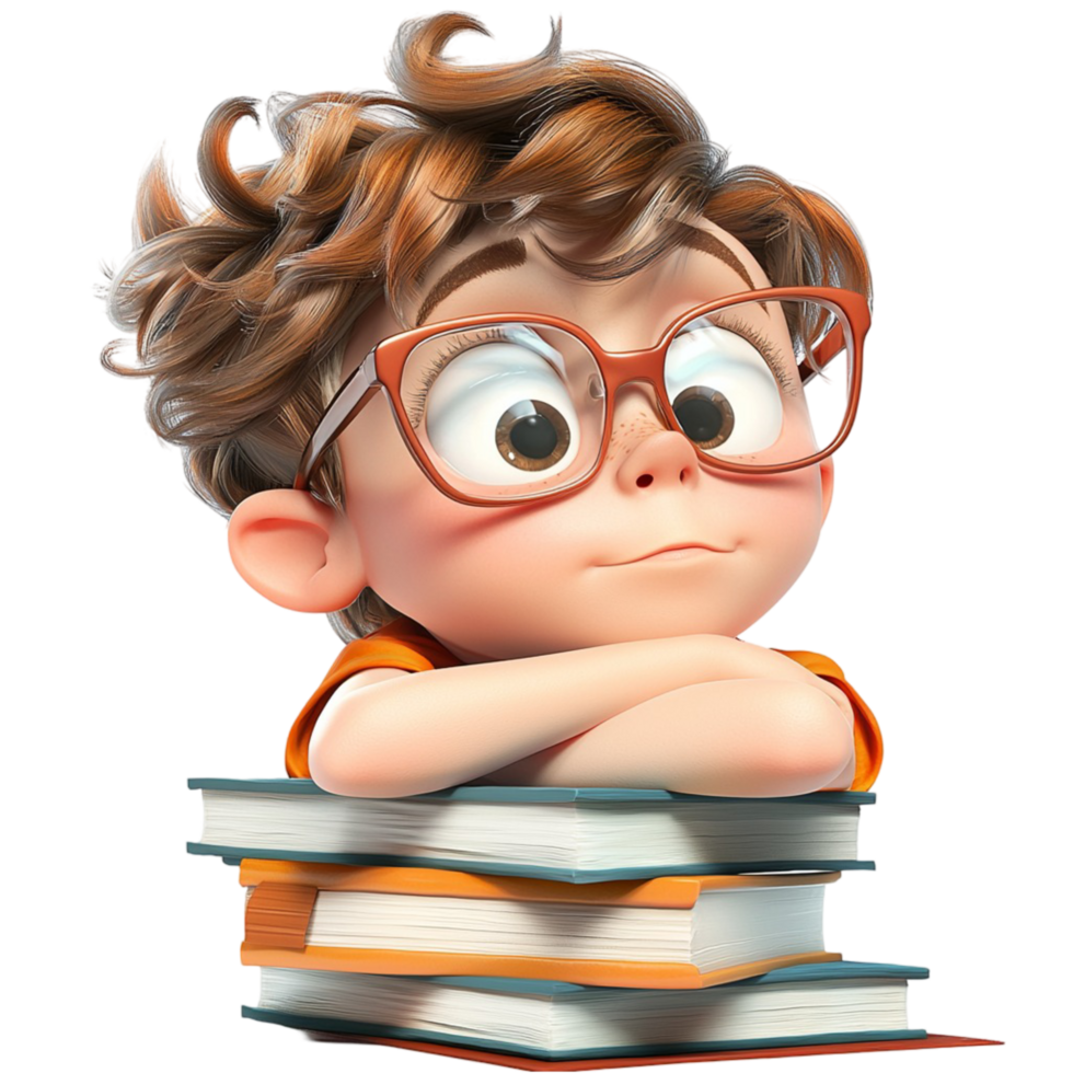 Intelligent young boy with curly hair and glasses resting on a pile of books png