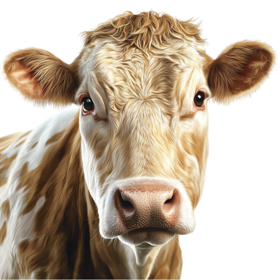 Adorable brown and white cow with large gentle eyes and fur png