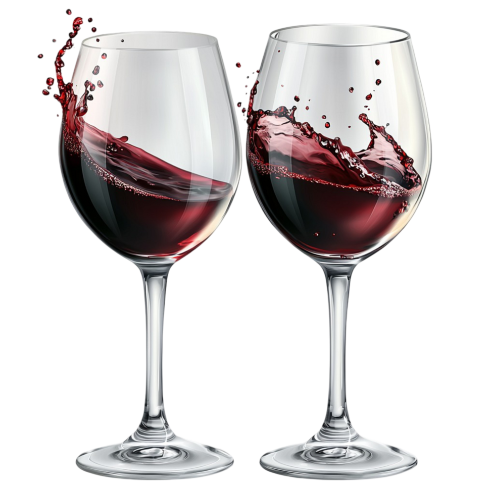 Two wine glasses with red wine splashing in miir png