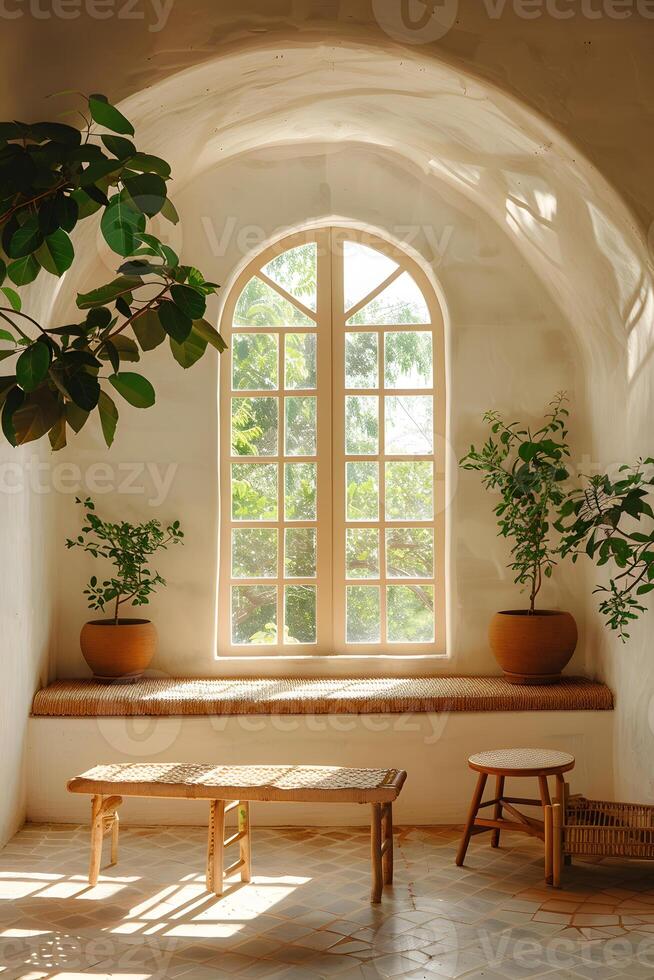 Room with spacious window, two benches, and potted plants photo
