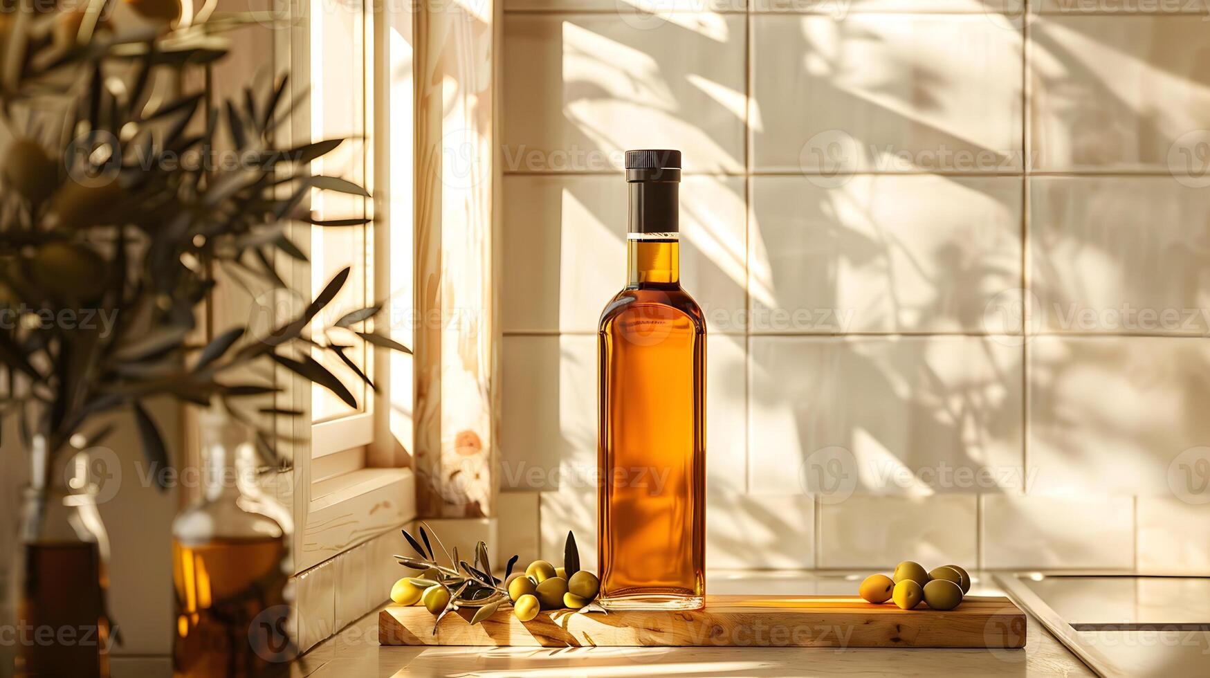 A glass bottle of amber fluid sits on a table by the window photo