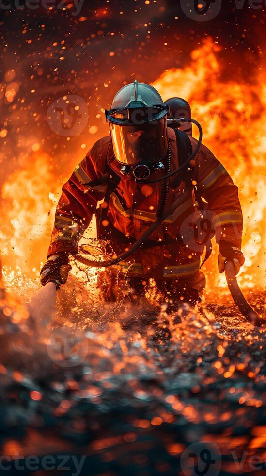 Firefighter in helmet and workwear battles large wildfire with flames and heat photo