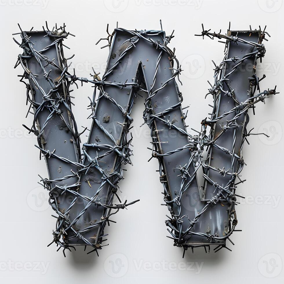 Barbed wire forms letter W with a military camouflage twist photo