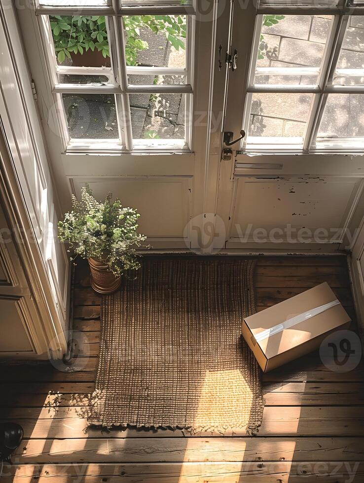 A cardboard box sits on the hardwood flooring in front of the buildings door photo