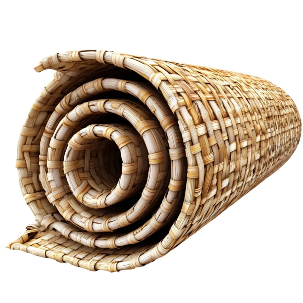 Rolled natural fiber mat with a rustic woven texture and warm earthy tones png