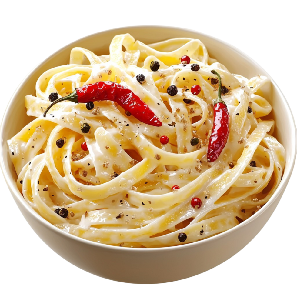 Creamy fettuccine pasta topped with red chili and black pepper png