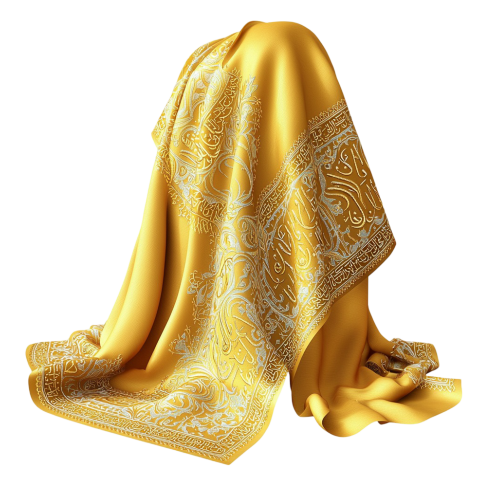 golden silk fabric draped gracefully with intricate embroidered patterns png