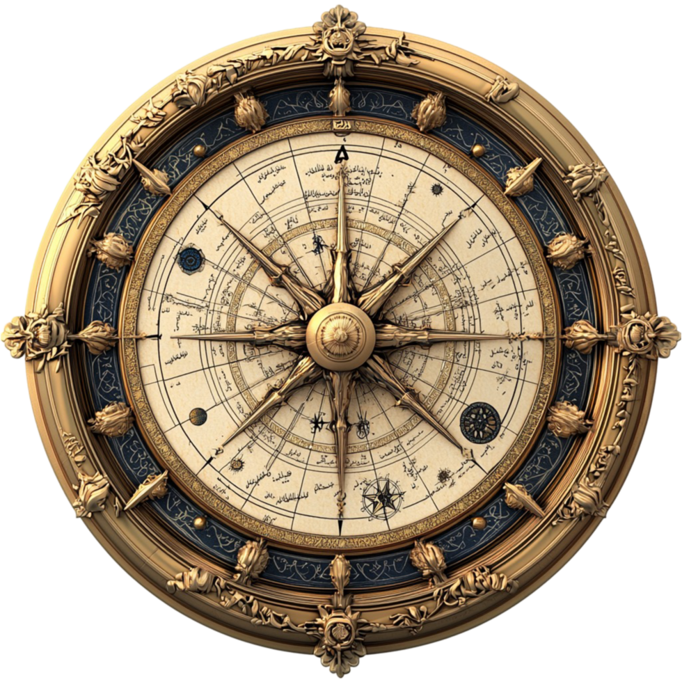 Ornate antique clock with intricate golden details and a vintage compass design png
