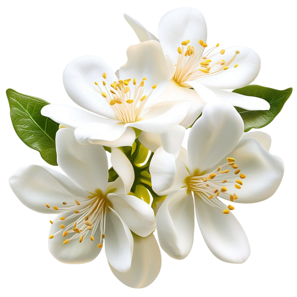 Delicate white jasmine flowers with green leaves png