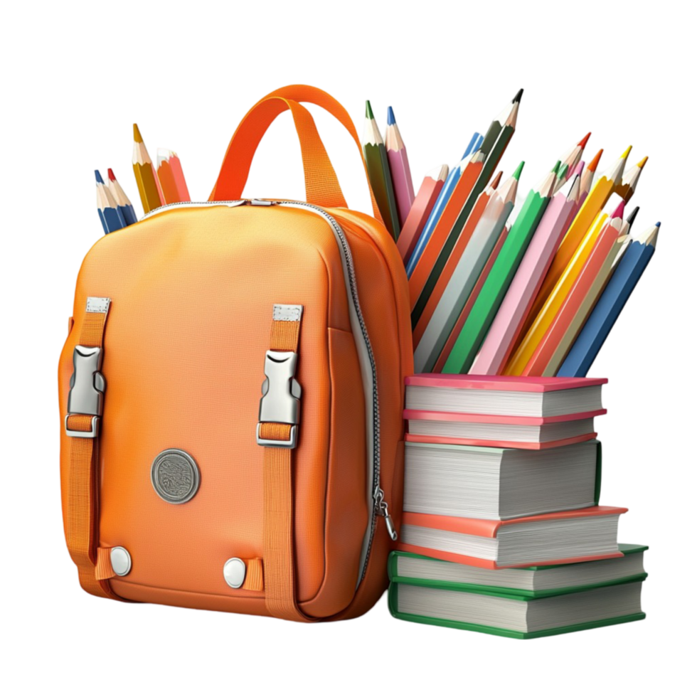 School backpack filled with books pencils and stationery png