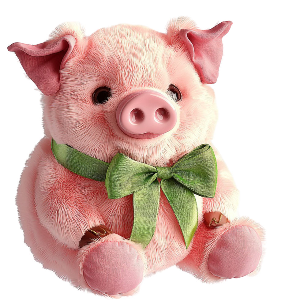 Adorable pink pig plush toy with a green ribbon bow png
