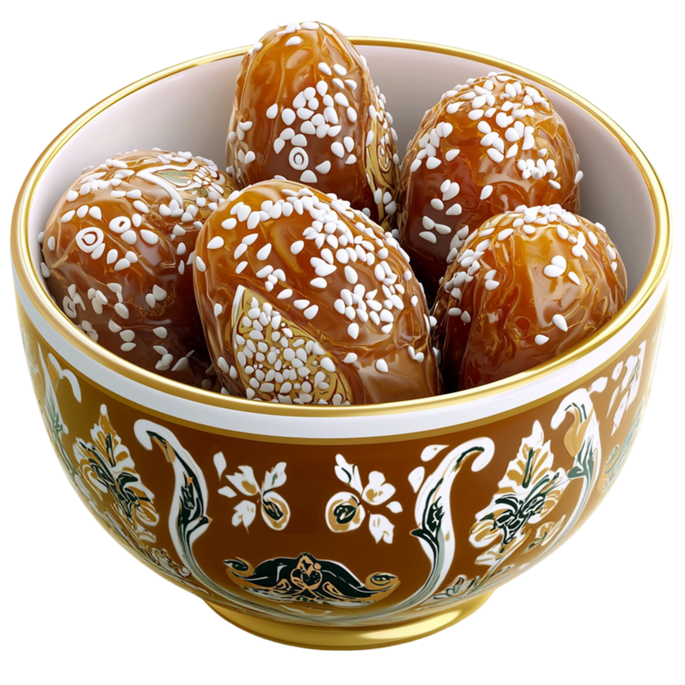 golden bowl filled with tes topped with sesame seeds png