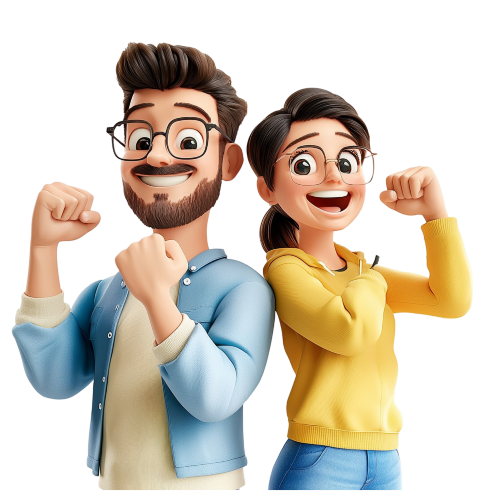 Cheerful animated couple celebrating with excited expressions png