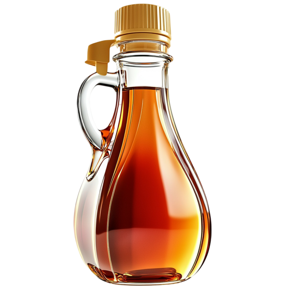 glass bottle filled with golden maple syrup png
