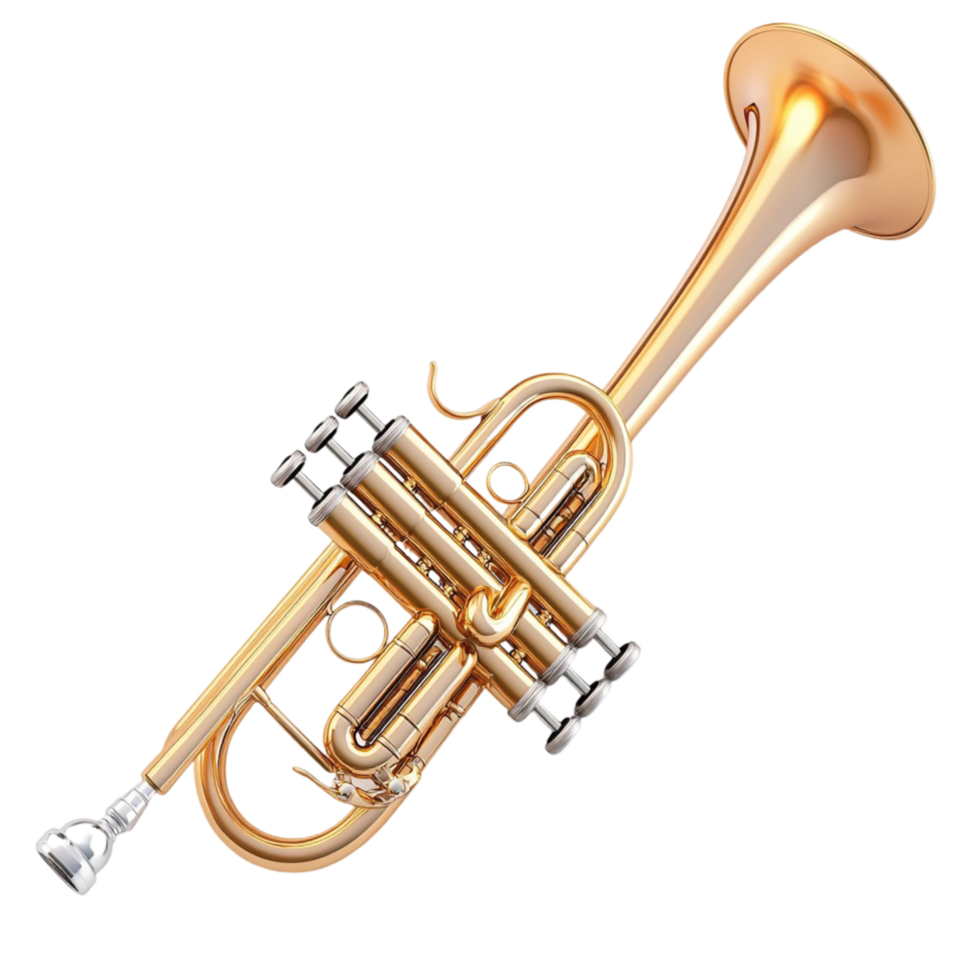 Shiny golden trumpet with intricate details and valves png