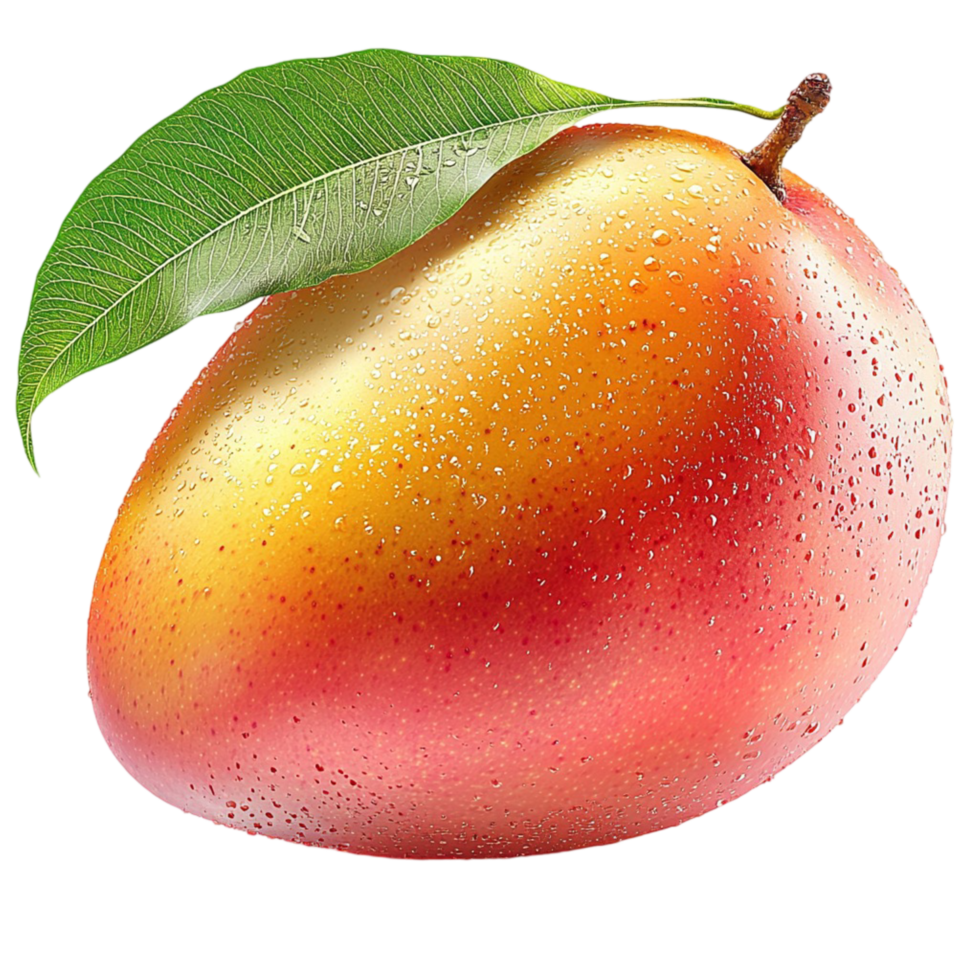Juicy mango with a single green leaf attached png