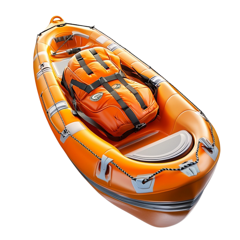 Inflatable orange rescue boat equipped with safety gear png