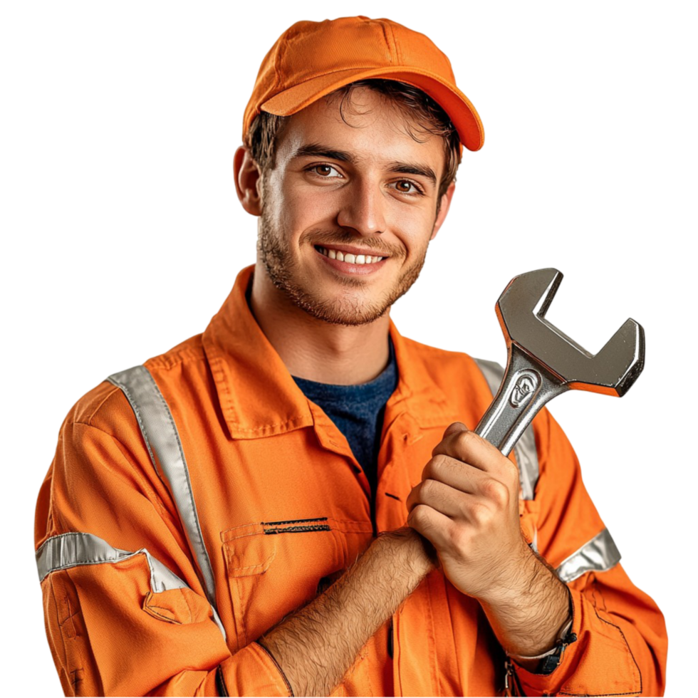 Friendly construction worker holding a large wrench png