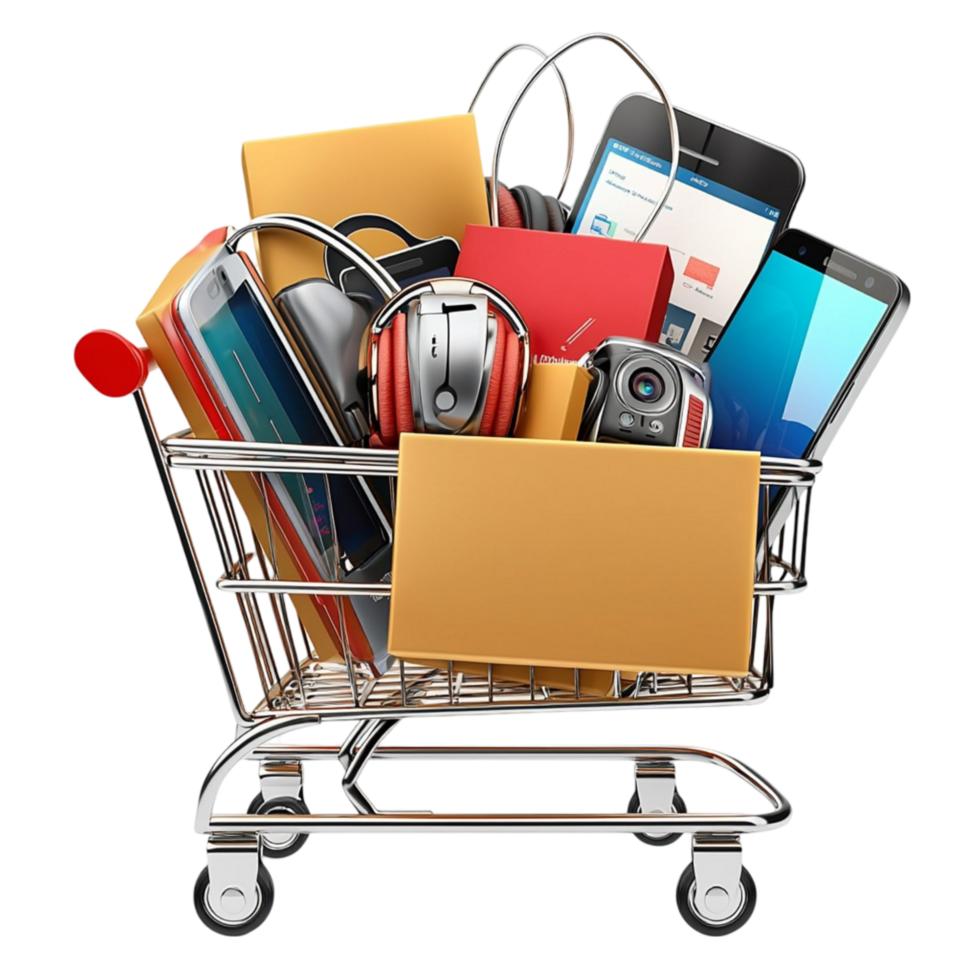 Shopping cart filled with various electronic gadgets png