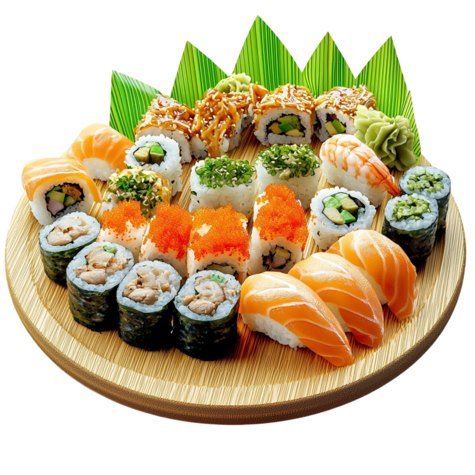 sushi platter with salmon and rolls png
