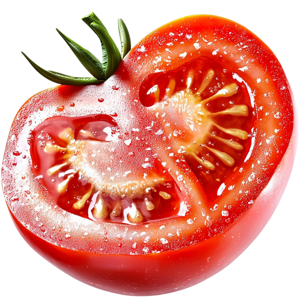 Juicy red tomato sliced in half with seeds png