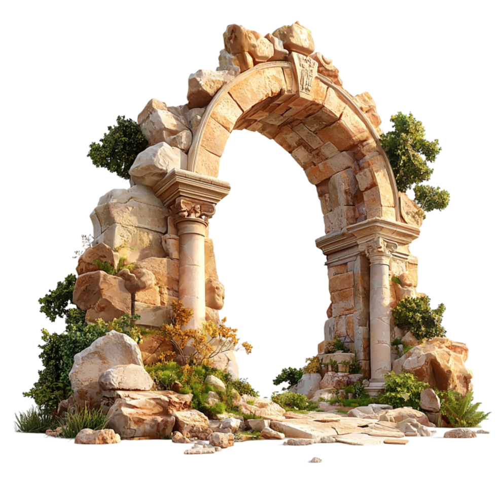 Ancient stone archway with weathered bricks and greenery png