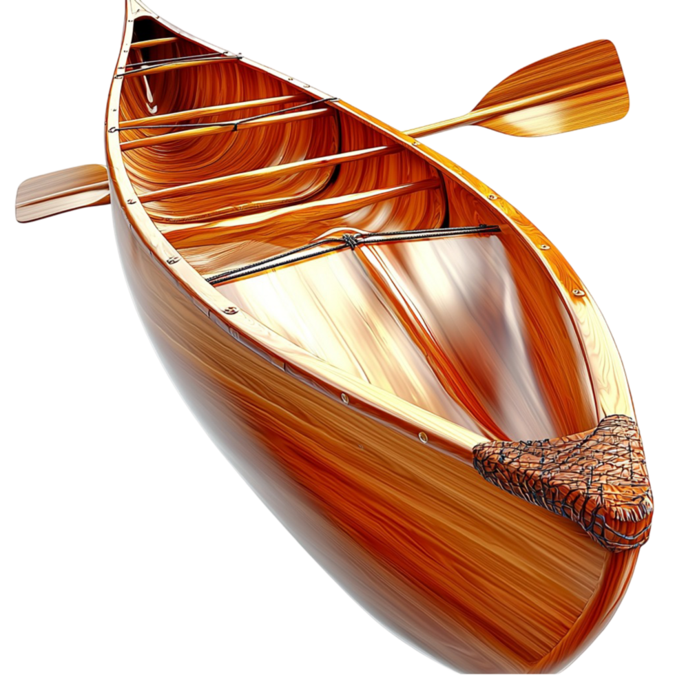 Wooden canoe with paddles and a woven seat floating on water png