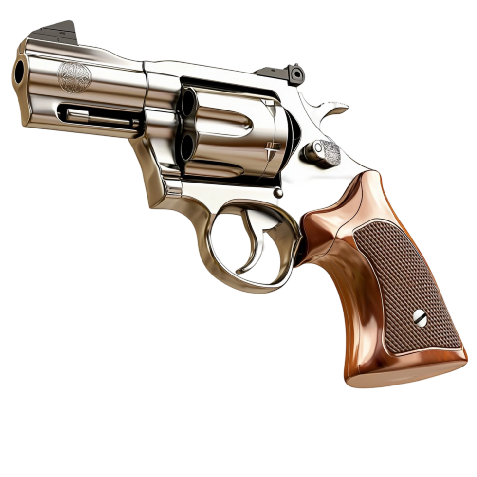 Silver revolver with a polished barrel and wooden grip handle png